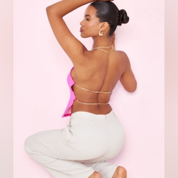 PrettyLittleThings Hot Pink Textured Rib Chain Lace Up Crop Tank Top - size 8 - Picture 14 of 15